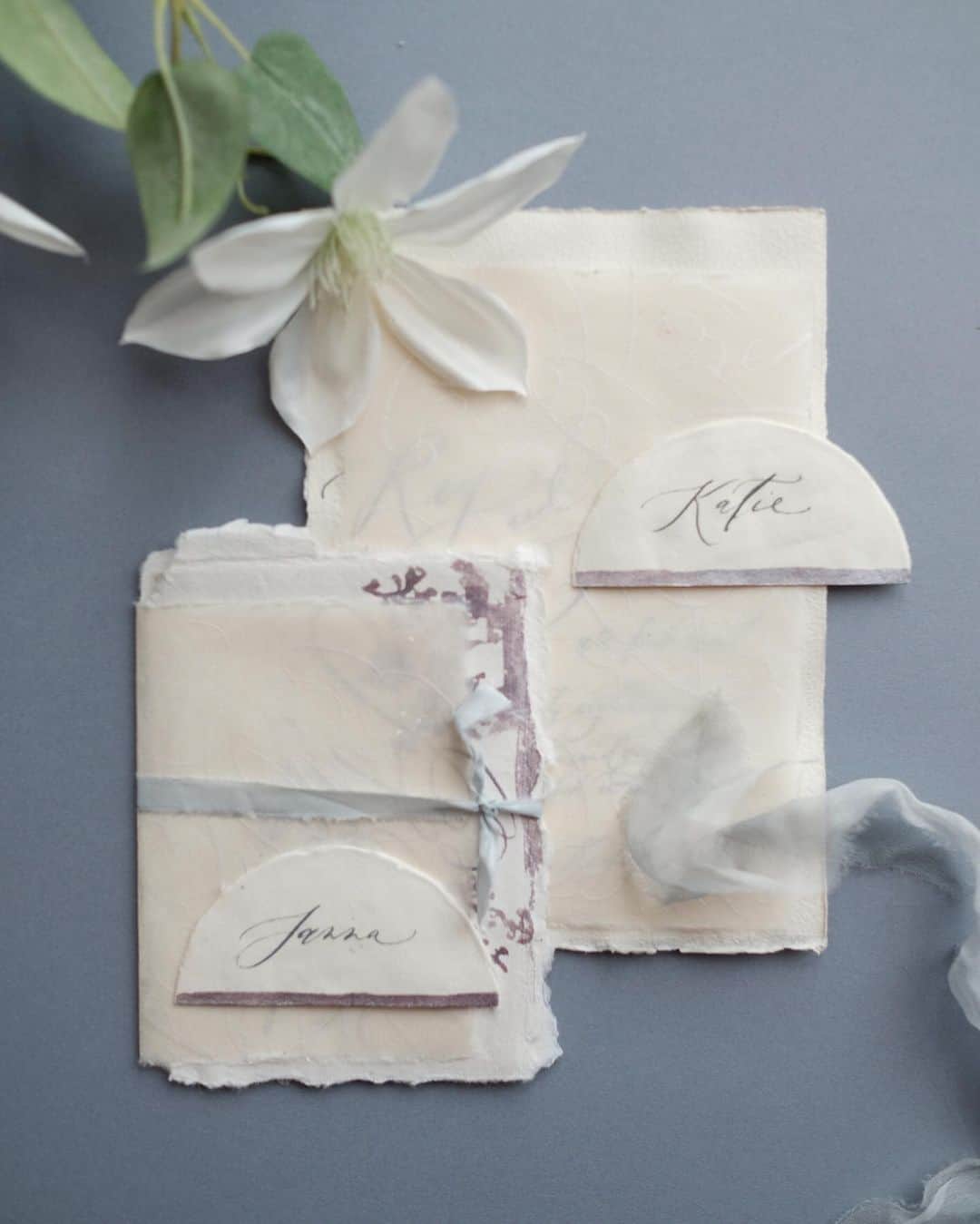 のインスタグラム：「Layering from different paper types and textures, with color mood of the day: Periwinkle (Lilac + Lavender). — Stationery created for @jannabrowndesignco @katiegrantphoto」