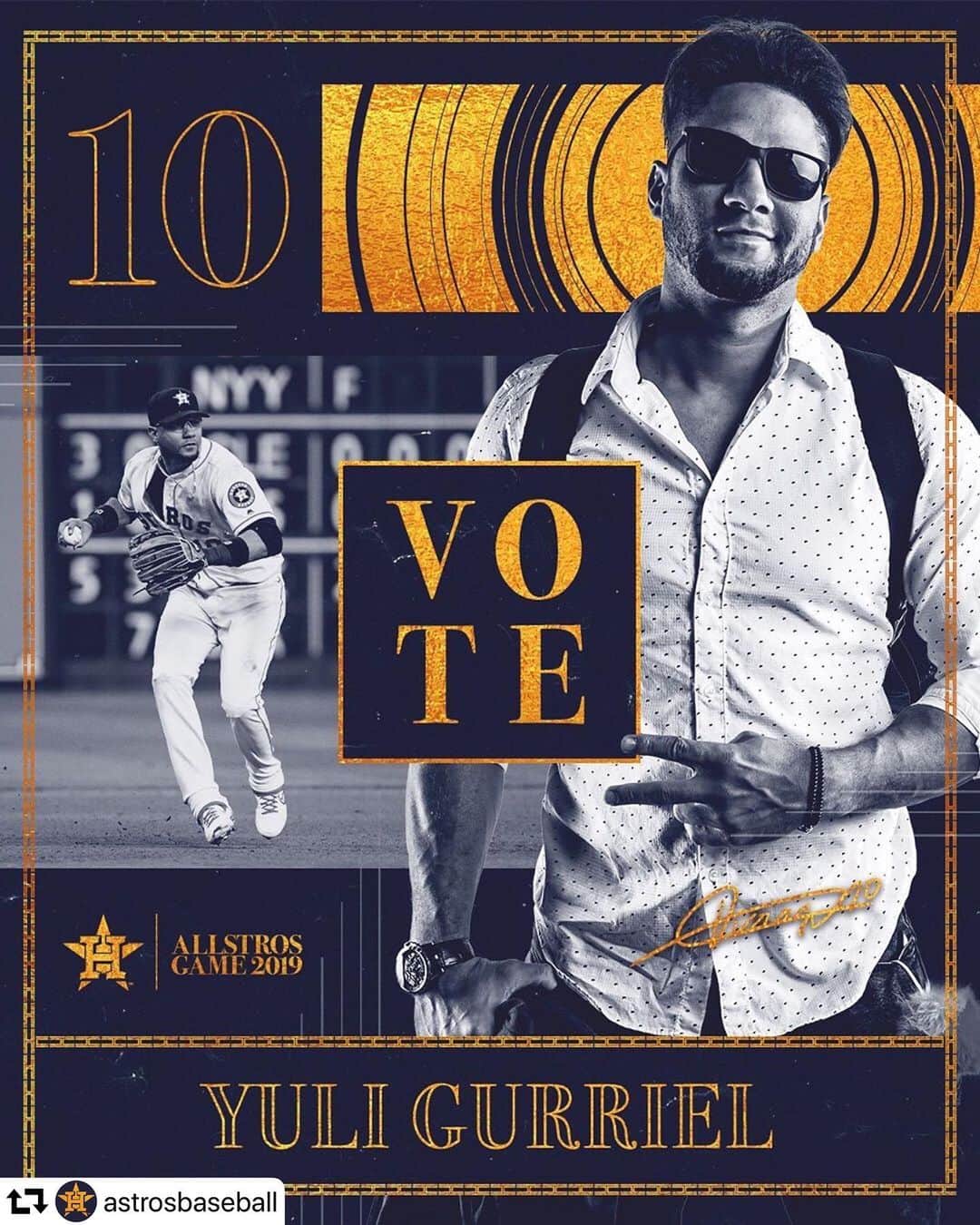 ホセ・アルトゥーベのインスタグラム：「#repost @astrosbaseball ・・・ 🍍🍍🍍 #VoteYuli ➡️ Astros.com/Vote」