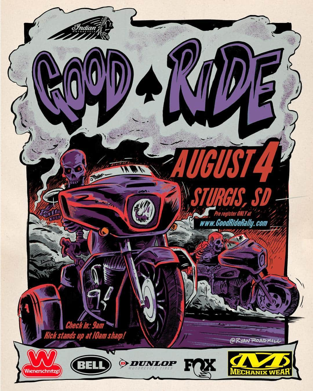 ケアリー・ハートさんのインスタグラム写真 - (ケアリー・ハートInstagram)「Starting to make plans for #Sturgis2019 ??? Get signed up for @goodride !!! This is always a fun ride. We have a police escort through the black hills! 1st Sunday (8/4) of the rally. Go to www.GoodRideRally.com and sign up! You can also purchase an entry for a veteran. Thanks:  @IndianMotorcycle @Wienerschnitzel @Mexhanix_Wear @Fox @RideDunlop @Bell_Powersports  Artwork: @RyanRoadkill」6月1日 23時30分 - hartluck