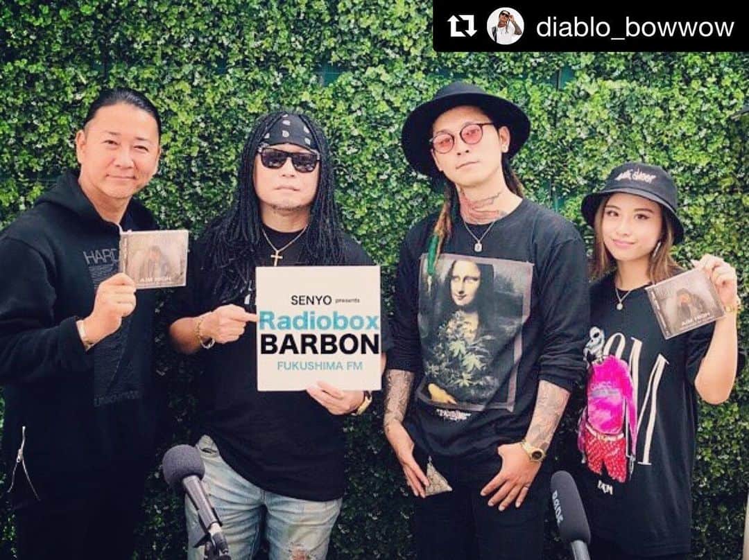 のインスタグラム：「‪🔊🔊今夜放送🔊🔊 19時から‪ふくしまFM RadioboxBARBON📻 本日と来週土曜の放送は @djpmx_locohama さんと 先日「AIM HIGH」をreleaseした @diablo_bowwow が guestに来てくれました😈 是非チェックしてね🔥🔊✨ . . . #Repost @diablo_bowwow with @get_repost ・・・ 明日 6月1日 & 6月8日 19:00〜19:30 に #ふくしまfm での番組 『SENYO presents Radiobox BARBON』 にて @djpmx_locohama さんと出演するよ😈  5/29に発売したEP 『AIM HIGH』の制作秘話からちょっとしたプライベートの話まで引っ張り出してきたんでみんな聴いてね📻  #radio #djdragon #licana #djpmx #diablo #aimhigh #山形 #酒田 #音楽家 #ラッパー #バウワウ  #djdragon #Licana #ITSUKA #RADIO #DJ #blackjaxx #singer #2019 #Live #JAPAN #JAPINA #福島 #郡山 #ふくしまFM #SENYO #beerbarbon #BONフェス」