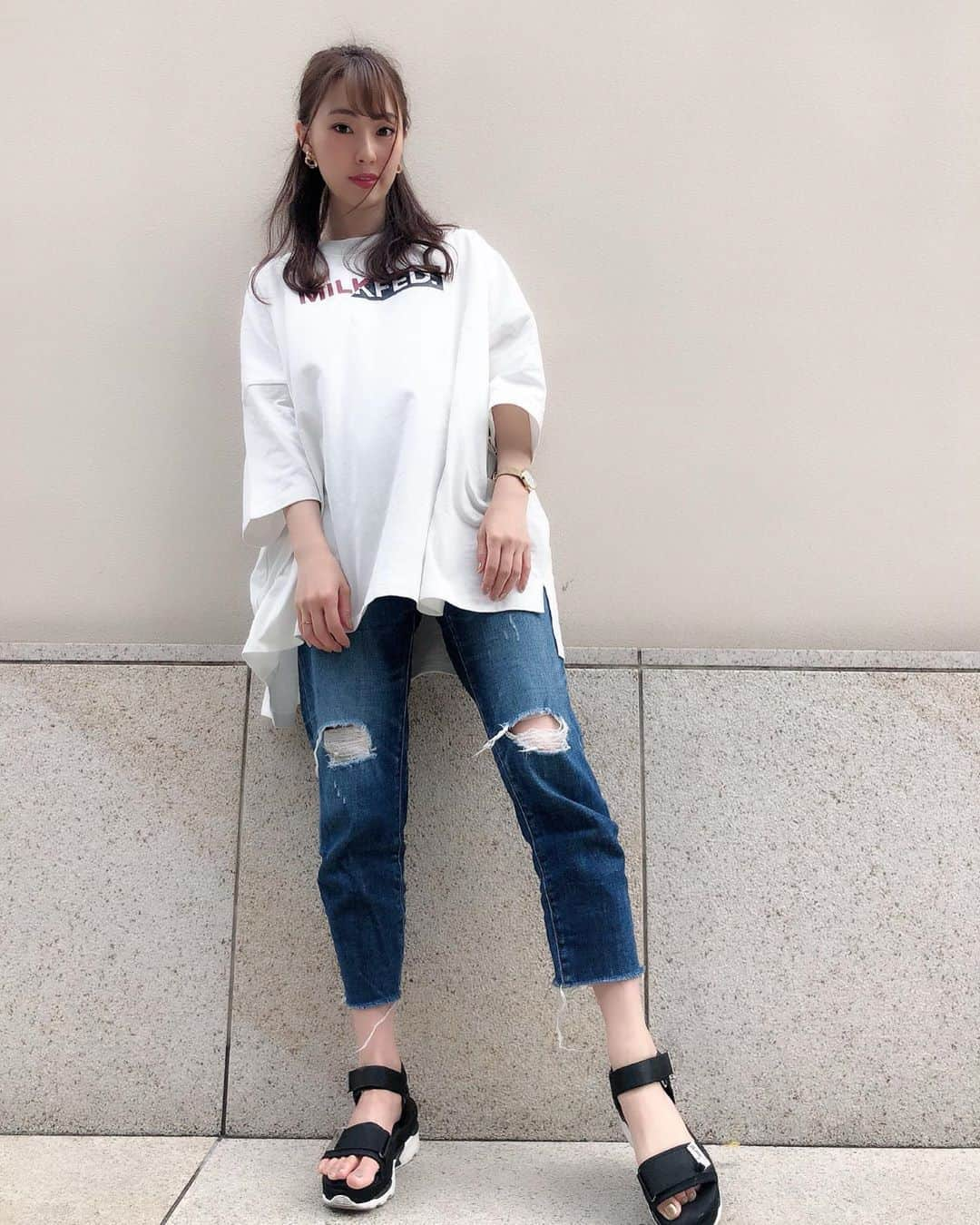 藤江れいなさんのインスタグラム写真 - (藤江れいなInstagram)「受注会ありがとう😊💞 #２２時の嫁 #私服 #ootd #fashion #コーディネート #トップス #MILKFED. #デニムパンツ #UNIQLO #スポーツサンダル #RANDA」6月1日 17時33分 - 01nyan0201