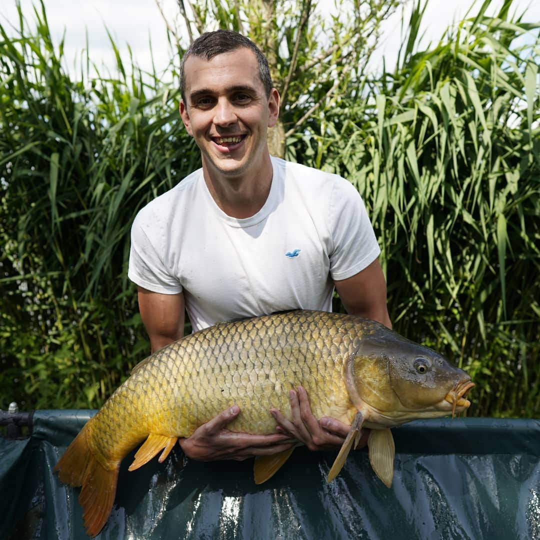 ラースロー・シェーのインスタグラム：「A mai napon eddigi legnagyobb halamat sikerült kifognom, egy 17,4 kg - os pontyot! Today I have managed to catch my biggest fish, a  17.4 kg carp! #fishing #carp #feederfishing #sunnyday」