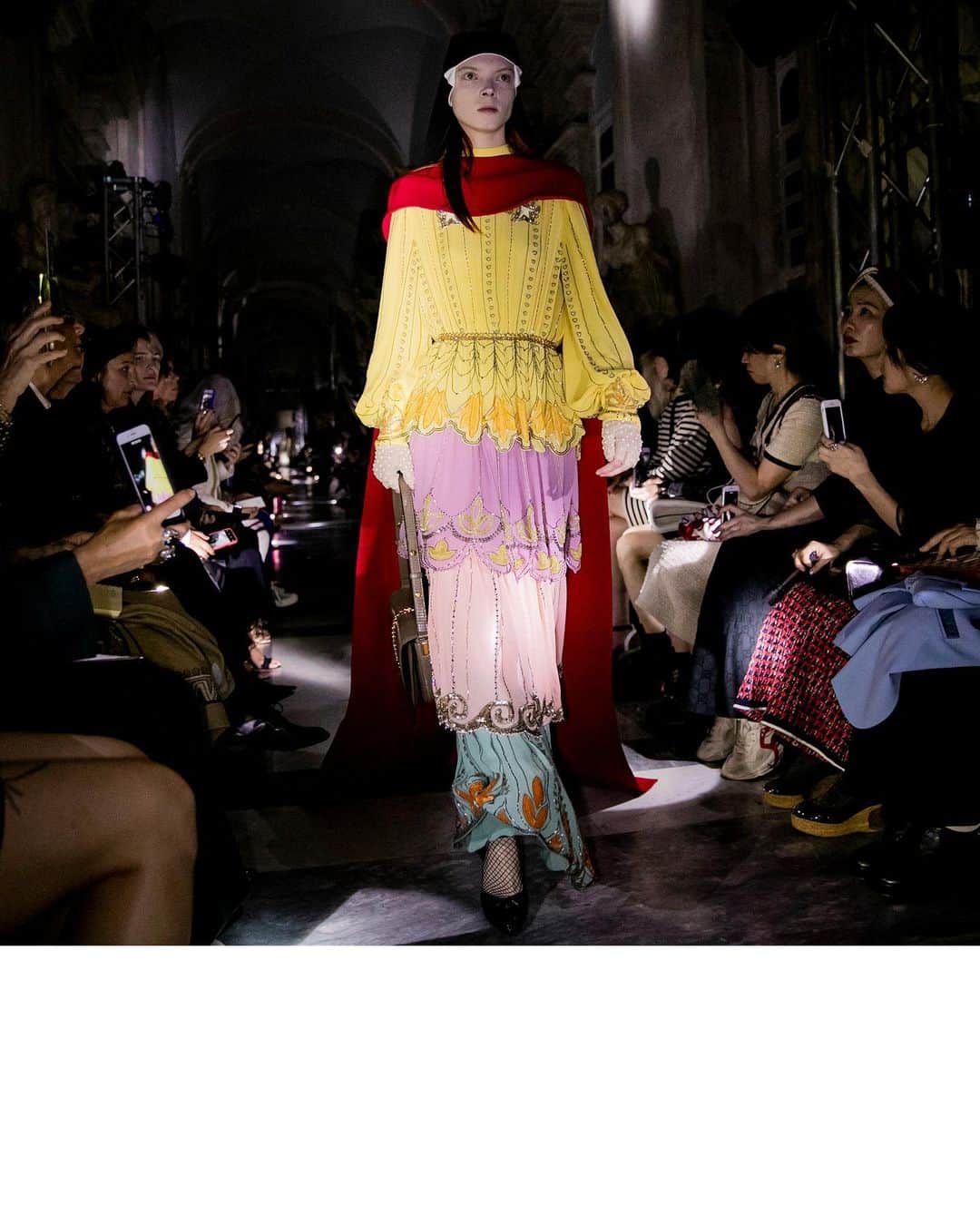 のインスタグラム：「Clerical habits inform a look from the #GucciCruise20 fashion show by  @alessandro_michele which also features a tiered, embroidered dress.  @museiincomuneroma #AlessandroMichele #MuseiCapitolini See a video of the collection through link in bio.」
