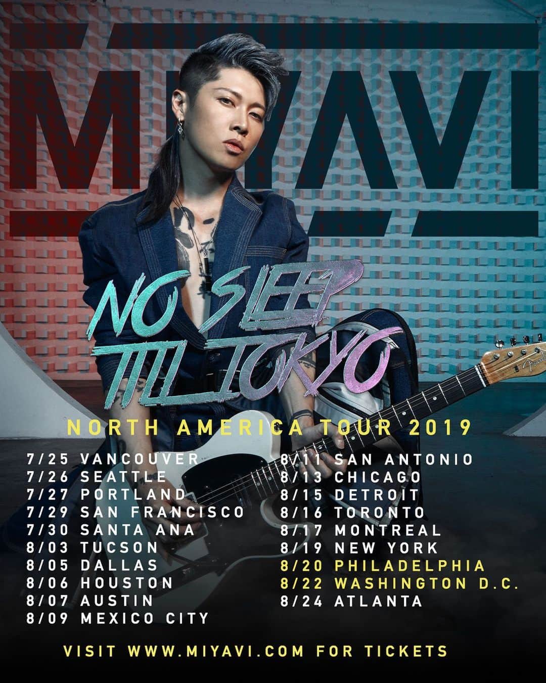 のインスタグラム：「Just Announced: Philly & D.C. for NO SLEEP TILL TOKYO North America Tour 2019. Tickets on sale 6/5/19. Visit www.miyavi.com for info. Who’s coming? 🙋🏻‍♂️ 7/25 - Vancouver | Vogue 7/26 - Seattle | Neptune’s 7/27 - Portland | Crystal Ballroom 7/29 - San Francisco | Slim’s 7/30 - Santa Ana | Observatory 8/03 - Tucson | El Rialto Theatre 8/05 - Dallas | Trees 8/06 - Houston | Scout Bar 8/07 - Austin | Come and Take It Live 8/09 - Mexico City | Sala Puebla 8/11 - San Antonio | Vibes Event Center 8/13 - Chicago | House of Blues 8/15 - Detroit | El Club  8/16 - Toronto | Queen Elizabeth Theatre 8/17 - Montreal | Otakuthon Festival 8/19 - New York | Sony Music Hall  8/20 - Philadelphia | Theatre of Living Arts 8/22 - Washington D.C. | The State Theatre 8/24 - Atlanta | The Masquerade  EASTERN EUROPE 10/21 - Budapest | Barba Negra Music Club 10/23 - Moscow | Glavclub Green Concert 10/24 - St. Petersburg | Aurora Concert Hall #NOSLEEPTILLTOKYO #MIYAVI」