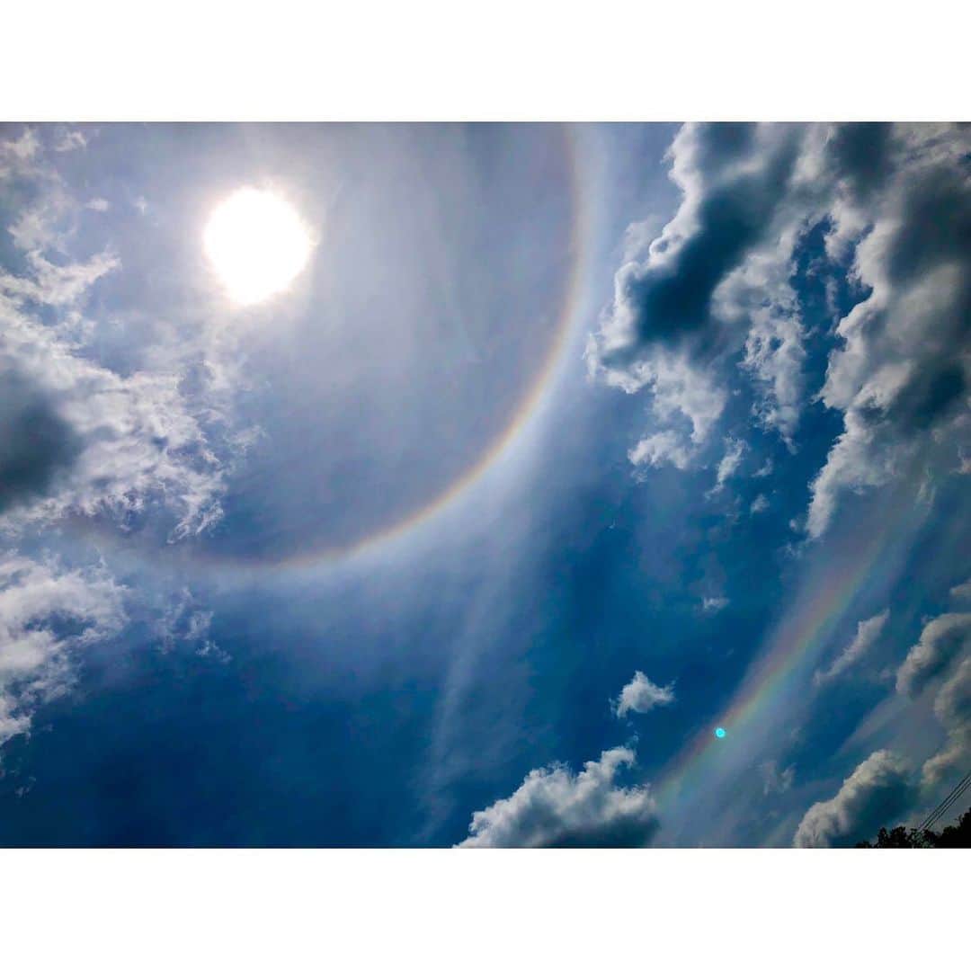 八木莉可子さんのインスタグラム写真 - (八木莉可子Instagram)「昨日、見つけた不思議な虹。  調べてみると、 太陽を囲むように出来た丸い虹は「ハロ」 その下にある小さな虹は 「環水平アーク」と言うらしい🤔 （私の調べ方が合ってたらやけど、。笑）  なんか話によると、 見た人は幸せになるんだとか。 なので、皆さんにも 幸せのお福分けをどうぞ！  ちなみに私は見つけた瞬間、 幸せな気持ちになりました笑  #明日からまた一週間頑張りましょう」6月2日 18時46分 - yagirikaco_official