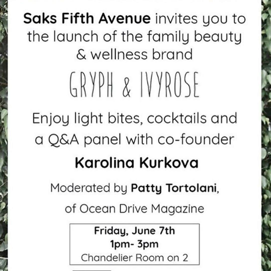 カロリナ・クルコヴァさんのインスタグラム写真 - (カロリナ・クルコヴァInstagram)「SAKS FIFTH EVENUE invites you to the launch of the family beauty & wellnes brand @gryphandivyrose ❤️ See you June, 7th 1pm -3pm Chandelier room on 2 #KK @saks」6月2日 17時56分 - karolinakurkova