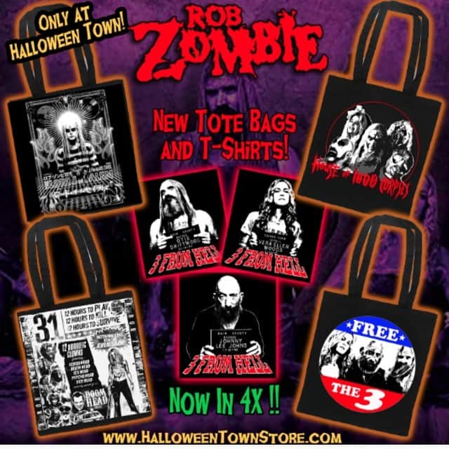 ロブ・ゾンビのインスタグラム：「All kinds of killer new stuff @halloweentownstore . Groovy tote-bags and awesome shirts hot of the press. Featuring 3 FROM HELL, HOUSE OF 1000 CORPSES, THE LORDS OF SALEM and 31! #robzombie #halloweentown #threefromhell #houseof1000corpses #31 #thelordsofsalem」