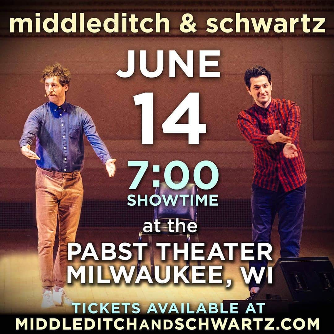 ベン・シュワルツさんのインスタグラム写真 - (ベン・シュワルツInstagram)「‪MILWAUKEE! Middleditch and Schwartz is coming to The Pabst Theater on 6/14 to do a fully improvised show. A bunch of goofs and hahas. Come on by. Only a 95 minute drive from Chicago. Woweee!!!‬ ‪Doors 6pm, Show 7pm. Get tickets at MiddleditchAndSchwartz.com」6月3日 1時12分 - rejectedjokes