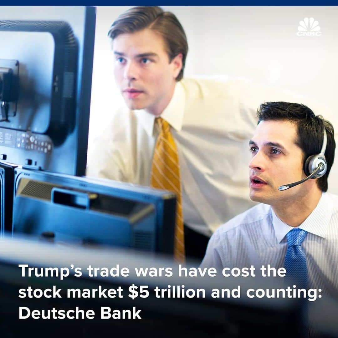 CNBCさんのインスタグラム写真 - (CNBCInstagram)「President Trump’s trade battles are costing the U.S. stock market $5 trillion and counting, according to Deutsche Bank.⠀ ⠀ Given the bulk of equity returns come from equity price appreciation, in an escalated trade war with China and now Mexico, the U.S. is losing trillions of dollars in foregone returns as markets sink on the negative headlines, the bank said Friday.⠀ ⠀ “The costs of the trade war in our view are about its indirect impacts,” said Deutsche Bank chief strategist Binky Chadha in a note to clients. ⠀ ⠀ “The trade war has been key in preventing a recovery in global growth and keeping US equities range bound. Foregone US equity returns from price appreciation (12.5% annual rate) for 17 months are worth $5 trillion.”⠀ ⠀ More, at the link in bio. ⠀ *⠀ *⠀ *⠀ *⠀ *⠀ *⠀ *⠀ #stockmarket #stocks #dollar #USD #business #marketdata #data #investing #portfolio #tradertalk #money #trading #wealth #wallstreet #wallst #businessnews #CNBC⠀」6月3日 7時05分 - cnbc