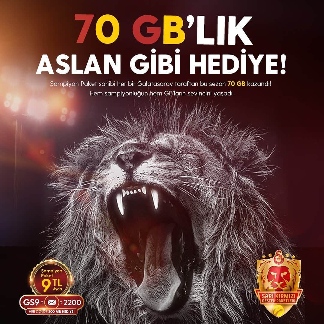 ガラタサライSKさんのインスタグラム写真 - (ガラタサライSKInstagram)「Şampiyon takımdan 70GB! Sezon boyunca internete doyan @turkcell Şampiyon Paketliler Galatasaray’ımızın bu sezon attığı her gol ve kazandığı her maçtan toplam 70GB internet kazandı! Sen de hemen GS9 yaz 2200’a gönder internetin ve hediyelerin tadını çıkar! #GSdestek #turkcell」6月3日 17時25分 - galatasaray