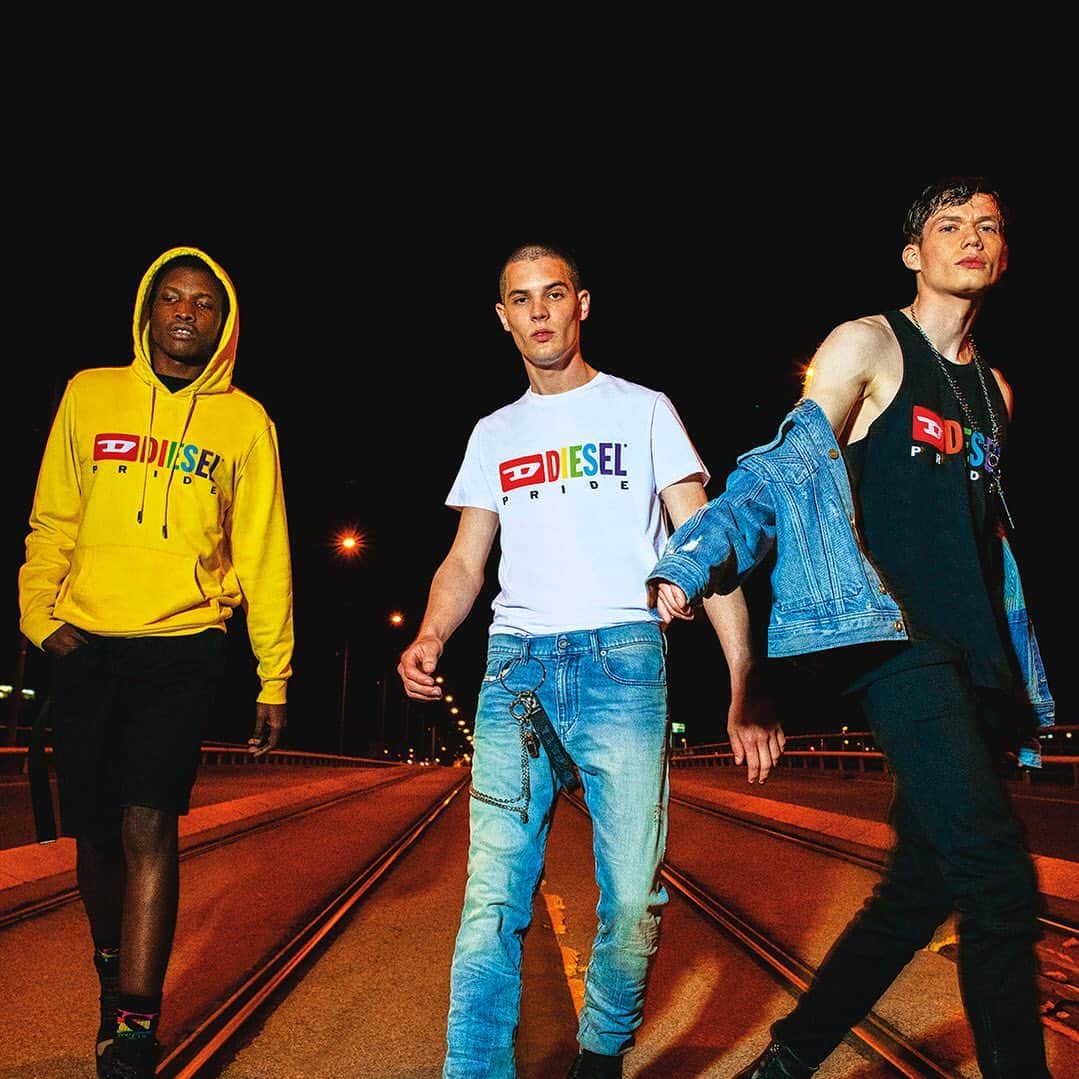 ディーゼルのインスタグラム：「To go fast, do it alone. To go farther, do it together. #pride #DieselHi5h #Summer19 . . Sweater “UFLT-BRANDALWZ” T-shirt “BMOWT-DIEGO” Tank top “BMOWT-LOCOARM” . . @black.benson @gerardalbajar @j.felipe.v」
