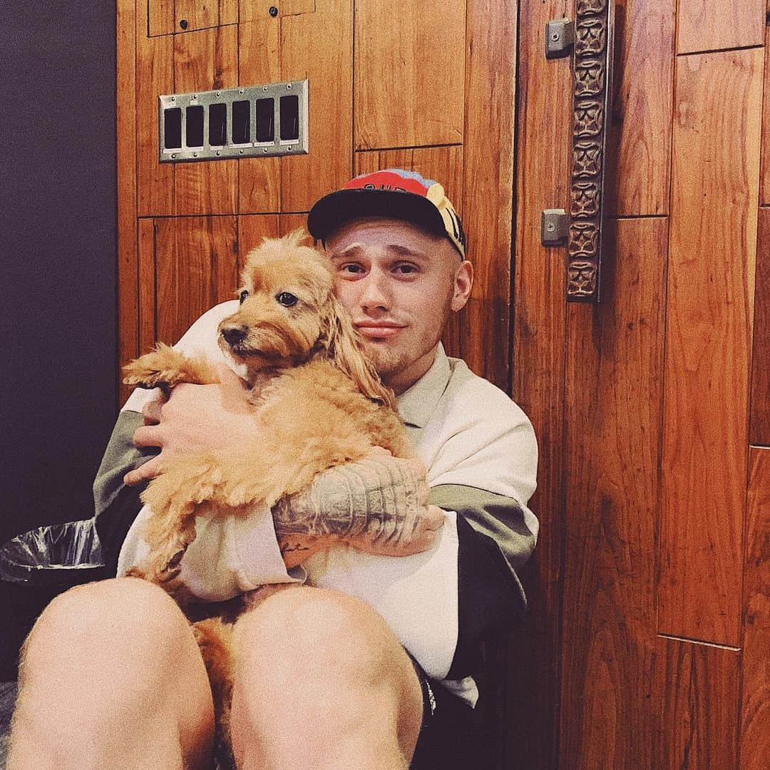ブランドン・シェイアのインスタグラム：「You know just casually cuddling Ushers dog in the studio. My life is totally normal.」