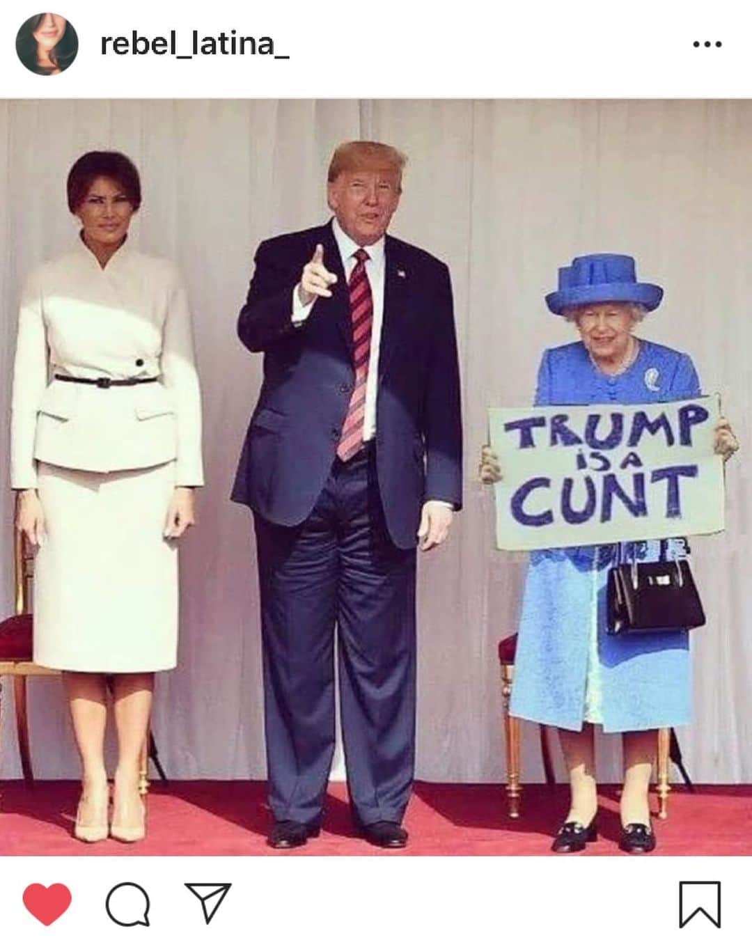 Taboo English®さんのインスタグラム写真 - (Taboo English®Instagram)「“Well, it’s not as if I was holding up a bleedin’ sign” exclaimed HRM Queen Elizabeth. And the American president was none the wiser.  thanks @rebel_latina_ • • • • #trumpisacunt #queenelizabeth #trumpukvisit #trumpgohome #duchessofcambridge #fucktrump」6月4日 11時42分 - tabooenglish