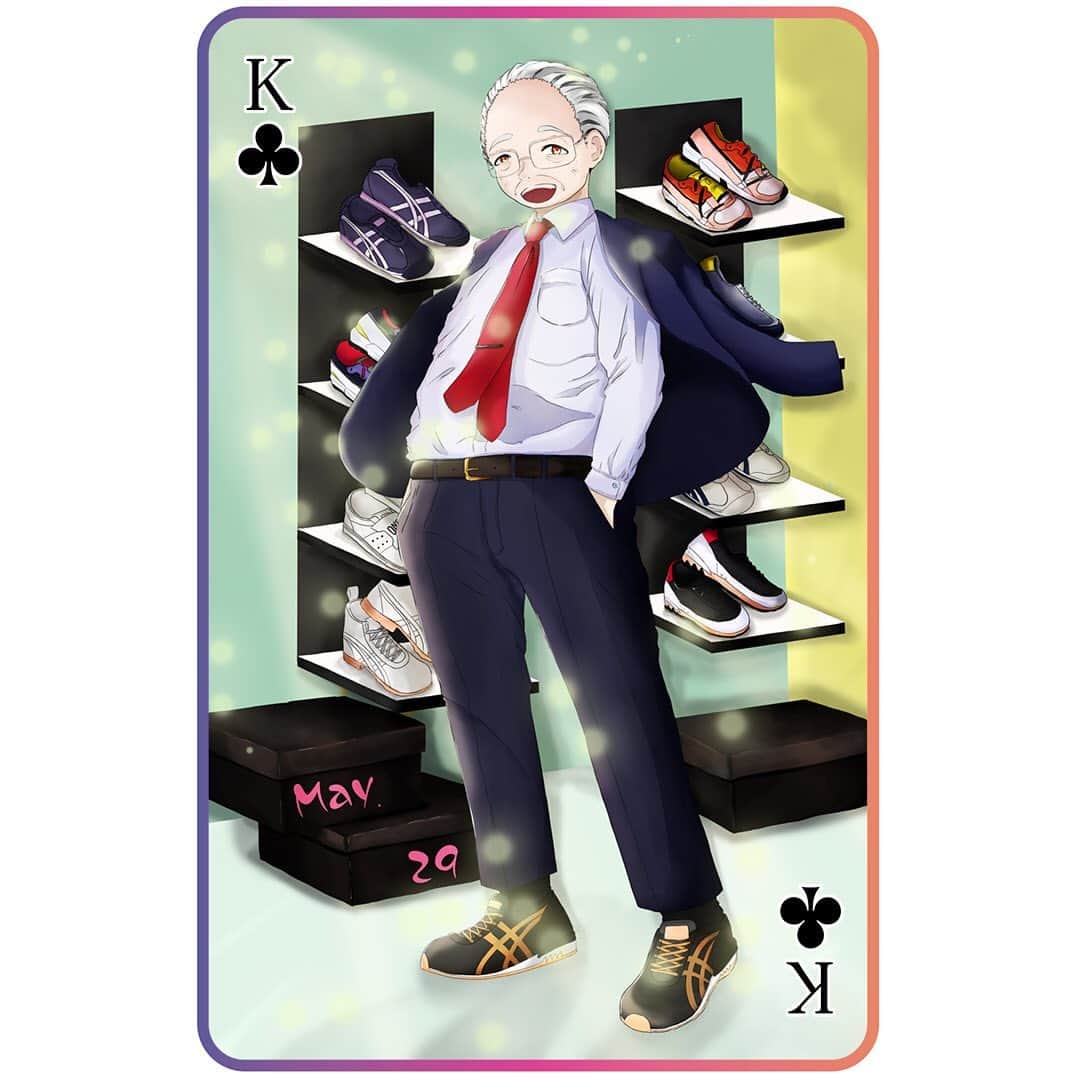 FashionDreamer Dさんのインスタグラム写真 - (FashionDreamer DInstagram)「happy birthday Mr Kihachiro Onitsuka.✒︎ design with aika (twitter aika_1241), JAM, Kana Chibama. It’s last illustration of original play card. First, I would like to thank you for your support during my term of guys, which lasted about one year. Thank you for your unconditional love. I truly love you guys.  ㅤ ㅤ ㅤ 今週ラストのトランプは ASICSの #鬼塚喜八郎 さん 生年月日 : 1918年5月29日 出身 : 鳥取市松上 ㅤ お会いしたことないのですが、本を読んでみてイメージ癖がある自分にとっては足元に翼を作った方で、それを形にしたり世に広めてくれる人に恵まれたリーダーを想像しました。そして代わりがいない方だったのだと。鬼塚さまの漢らしさも、あったと思います。漢らしさは無いのですが、このお誕生日にイラストでご紹介していくトランプも今週で１年を迎えました。世の中に共同作品を発表していくことが初めてだったので、やってみて初めて気付かされたことばかりでした。1年間ご覧下さりありがとうございました！そして多くの応援DMありがとうございました^ ^すごく励みになりました！ 来週からはまた別の作品を発信していこうと思います🤓 (トランプもいつかまた発信していこうと思います(๑˃̵ᴗ˂̵) ㅤ」6月4日 13時41分 - d_japanese