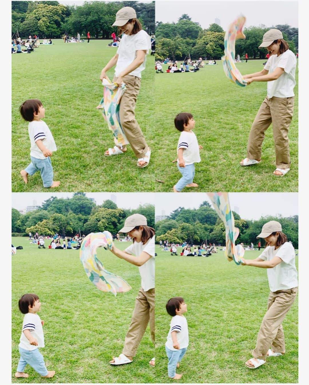 猪鼻ちひろさんのインスタグラム写真 - (猪鼻ちひろInstagram)「day off🌳﻿ 昔から家族でピクニックやキャンプして育ったからか、﻿ 外で遊ぶのもピクニックも大好き☺️ そして甥っ子と風遊びが大ブームです(ただ風を作るだけ←)﻿ 無料で沢山遊べたね❣️﻿ ﻿ お洋服はとにかく動き回れる格好で。﻿ このTシャツ、本っっっ当に最高♡﻿ INしなくていい丈。幅もよし。いい生地。 ちゃんと縫い付けの刺繍。 全てにおいて◎こだわり抜くと着るたび嬉しい。  Tshirt… @from_chiro ﻿(もうすぐ！) ﻿pants… @milkfedjp  sandal... @birkenstock  bag... @controlfreak_official  accessories... @from_chiro  さおりん、いっぱい遊んでくれてありがとう😊﻿ #ちひろのお洋服 #パンツは裾上げまだしてない、、笑﻿ #メロオバ日記 #甥っ子 #天使 ﻿ #最後の写真シュールすぎる #おいでおいでおばさん」6月4日 18時47分 - inohanachihiro