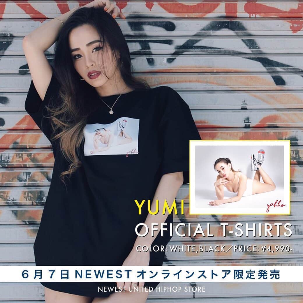 yumiのインスタグラム：「. やっほゆみだよ🌈 YUMIのオフィシャルTシャツを6月7日の18時に発売します！ 2色展開で白と黒どっちが好みかな？💁‍♂️❤️ 前回も速攻完売しちゃったのでお早めに💁‍♂️✨ YUMI着用サイズXL . . #YAHHO #AVALANCHE #NEWEST #045 #オフィシャルTシャツ #fasion #hiphop」