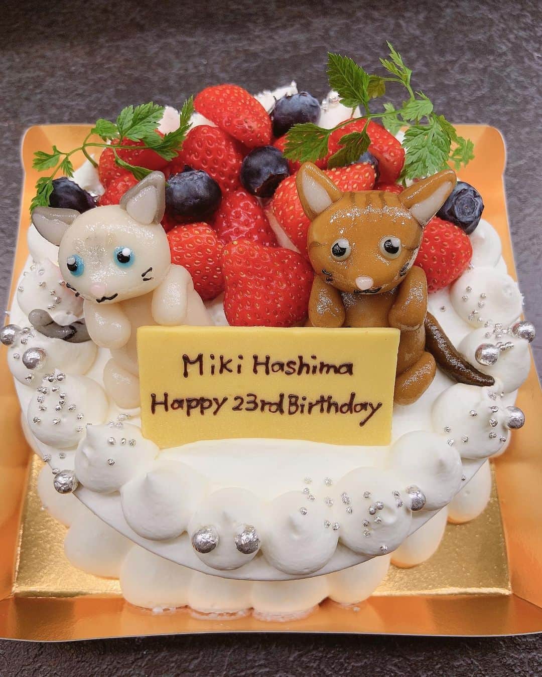 羽島みきさんのインスタグラム写真 - (羽島みきInstagram)「かわいいケーキ🎂😍 りゅうくんとアクアが乗ってる🐱🐱 美味しかったぁ🥰  #birthdaycake  #cat」6月4日 22時51分 - miki__kmyd