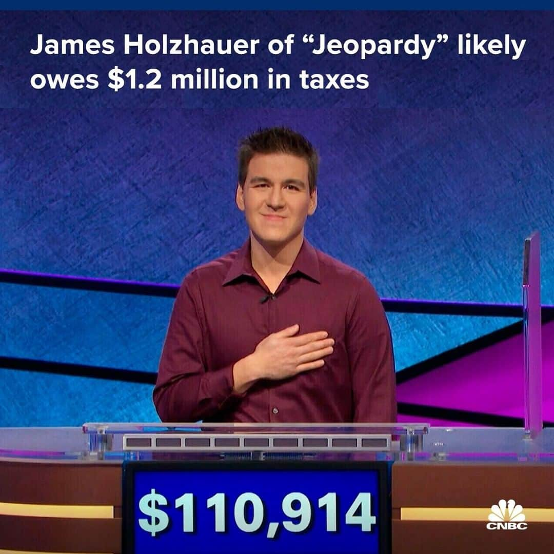 CNBCさんのインスタグラム写真 - (CNBCInstagram)「“Jeopardy” champion James Holzhauer won big on the game show, even though he didn’t beat the all-time winnings record.⠀ ⠀ The IRS also won big. All winnings on game shows are considered ordinary income, taxed up to 37% by the IRS.⠀ ⠀ Since the show took place in California, Holzhauer must pay California income taxes on the $2,462,216 he won, too. Combined, federal and California state taxes will put Holzhauer’s net winnings at $1.29 million — a 47.6% cut, the sports and betting website The Action Network reported.⠀ ⠀ To read more, visit the link in bio. ⠀ *⠀ *⠀ *⠀ *⠀ *⠀ *⠀ *⠀ *⠀ #jeopardy #jeopardyjames #jamesholzhauer #gameshow #taxes #incometax #california #nevada #personalfinance #business #businessnews #cnbc⠀」6月5日 7時00分 - cnbc