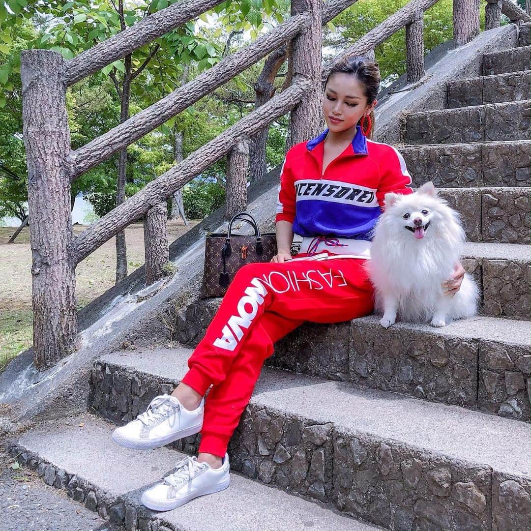 のインスタグラム：「#mydog#pomeranian#pomeranianlove#fashionnovababe#fashionnova#oodd#outfit#sportsstyle#instagrammable#red#casualstyle#blogger#bloggerstyle#bloggerlife#bloggerfashion#coord#sportswear#activewear#愛犬#ポメラニアン#ポメラニアン部#デカポメ#ぽめすたぐらむ#オトナ女子#セットアップ」