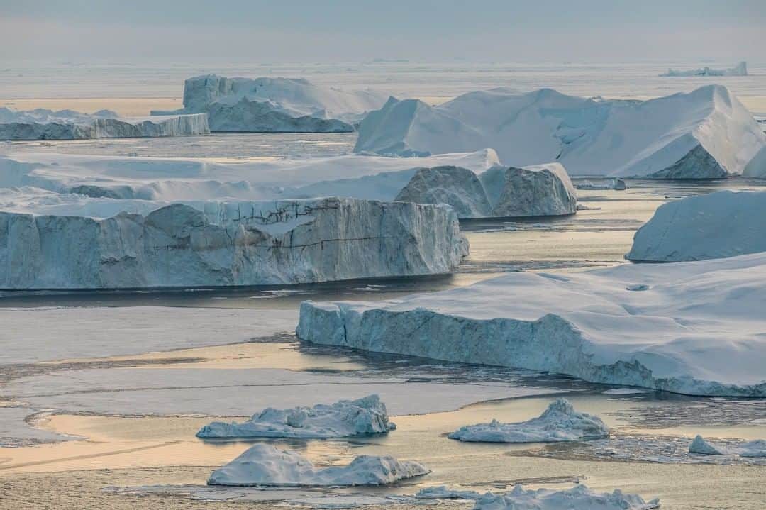 National Geographic Travelさんのインスタグラム写真 - (National Geographic TravelInstagram)「Photo by @paoloverzone | Located on the west coast of Greenland, 250 km north of the Arctic Circle, Greenland’s Ilulissat Icefjord is a tidal fjord covered with floating brash and massive ice, as it is situated where the Sermeq Kujalleq glacier calves ice into the sea. In winter, the area is frozen solid. One of the few places where ice from the Greenland ice cap enters the sea, Sermeq Kujalleq is also one of the fastest moving (40 m per day) and most active glaciers in the world. Its annual calving of over 46 cubic kilometres of ice, i.e. 10% of all Greenland calf ice, is more than any other glacier outside Antarctica, and it is still actively eroding the fjord bed. The combination of a huge ice-sheet and the dramatic sounds of a fast-moving glacial ice-stream calving into a fjord full of icebergs make for a dramatic and awe-inspiring natural phenomenon. Today Greenland's ice sheet it's melting faster than ever (four times faster than it was in 2003 ) because of global warming.  @thephotosociety #WorldEnvironmentDay #arctic #greenland #iceberg #climatechange #ilulissat Follow @paoloverzone for more photos and stories」6月5日 13時06分 - natgeotravel