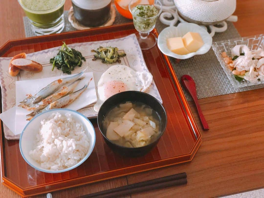 英玲奈さんのインスタグラム写真 - (英玲奈Instagram)「#今日の朝ご飯 #夫の朝ご飯 #5ぶつきご飯 #半分白米 #キャベツスープ #柳葉魚 #目玉焼き #ウインナー #ほうれん草のソテー #ゴーヤの炒め物 #卵豆腐 #蒸し大豆とササミのサラダ #だし #豆乳ヨーグルト #野菜ジュース #ていねいな暮らし  #季節を感じる暮らし #からだにいいこと  #からだにやさしいごはん  #おうちごはん #夫の健康守りたい #10年後の健康の為に #無添加 #無化調 #オーガニック #低gi  #趣味生活」6月5日 15時37分 - erena_erenyan