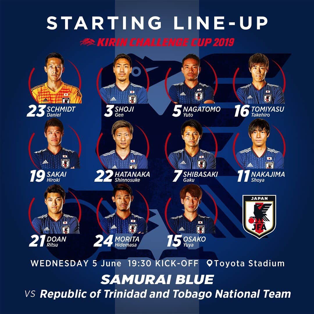 日本サッカー協会さんのインスタグラム写真 - (日本サッカー協会Instagram)「【 STARTING LINE-UP!! 】 #キリンチャレンジカップ2019 🆚トリニダード・トバゴ 📅6/5(水)19:30 📍豊田スタジアム 📺フジテレビ系列で生中継  #daihyo #SAMURAIBLUE #キリチャレの日」6月5日 19時11分 - japanfootballassociation