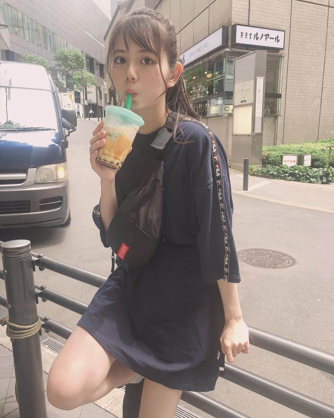 田辺奈菜美さんのインスタグラム写真 - (田辺奈菜美Instagram)「#コーディネート ❤︎#FILAミニウラケワンピース ( #heather × #fila )  みんなが暑いって言うから半袖にした✌︎✌︎ スニーカーは #adidas です😊 #fashion#ファッション#本日の服#フィラ#ヘザー#ワンピース#wego#タピオカ#bullpulu#nanamitanabe」6月5日 22時10分 - _nanami_1110