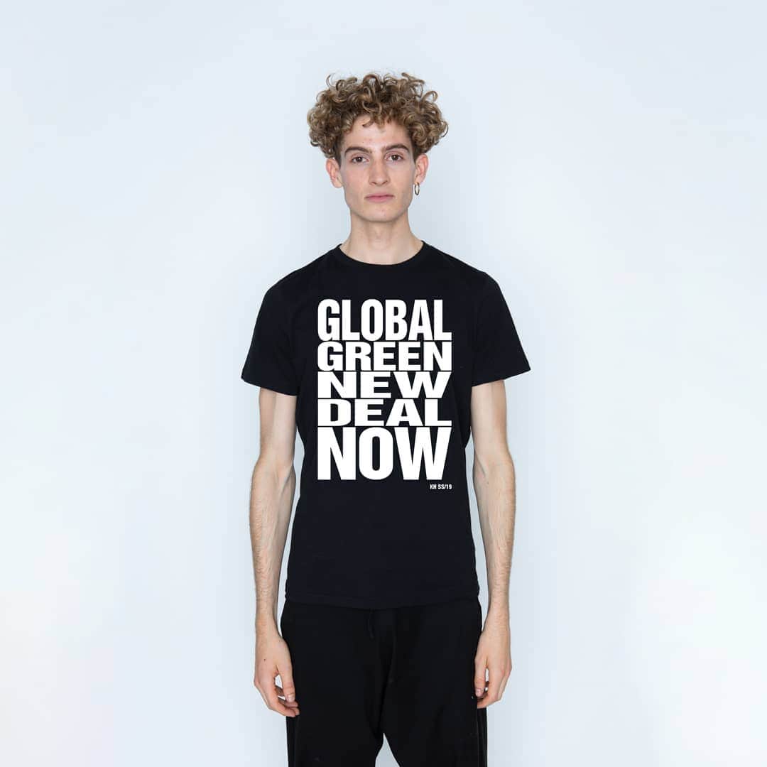 のインスタグラム：「It's World Environment Day and we are launching our new organic cotton activist t-shirt.  Katharine says, "It's this, or it's over.  Check out Alexandria Ocasio-Cortez's Green New Deal film, "A Message from the Future with AOC" on www.democracynow.org.  It is the dream, but you need to have the dream to be able to do it.  It's not just an American dream, it's got to be global.  It's doable.  We can do it, but we have to do it all together....NOW." . . Profits from this t-shirt will go to @@greenpeaceuk - link to buy in bio . . #globalgreennewdealnow #globalgreennewdeal #alexandriaocasiocortez #activist #SAVETHEFUTURE #SAVELIFEONEARTH #worldenvironmentday #katharinehamnettlondon」