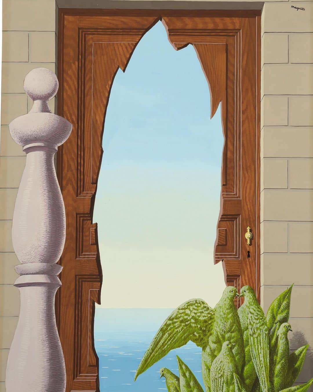 サザビーズさんのインスタグラム写真 - (サザビーズInstagram)「Walk through the door into the very heart of Magritte’s enchanted world with this enigmatic work from 1942, where human beings are notably absent, and the space is populated by the bird-leaf motif, an empty seascape and a pillar.  On view in our London galleries from 14 June, ahead of our #Impressionist & Modern Art Evening Sale this month.  #SothebysImpMod #Surrealistm #SurrealistArt #RenéMagritte」6月6日 1時15分 - sothebys