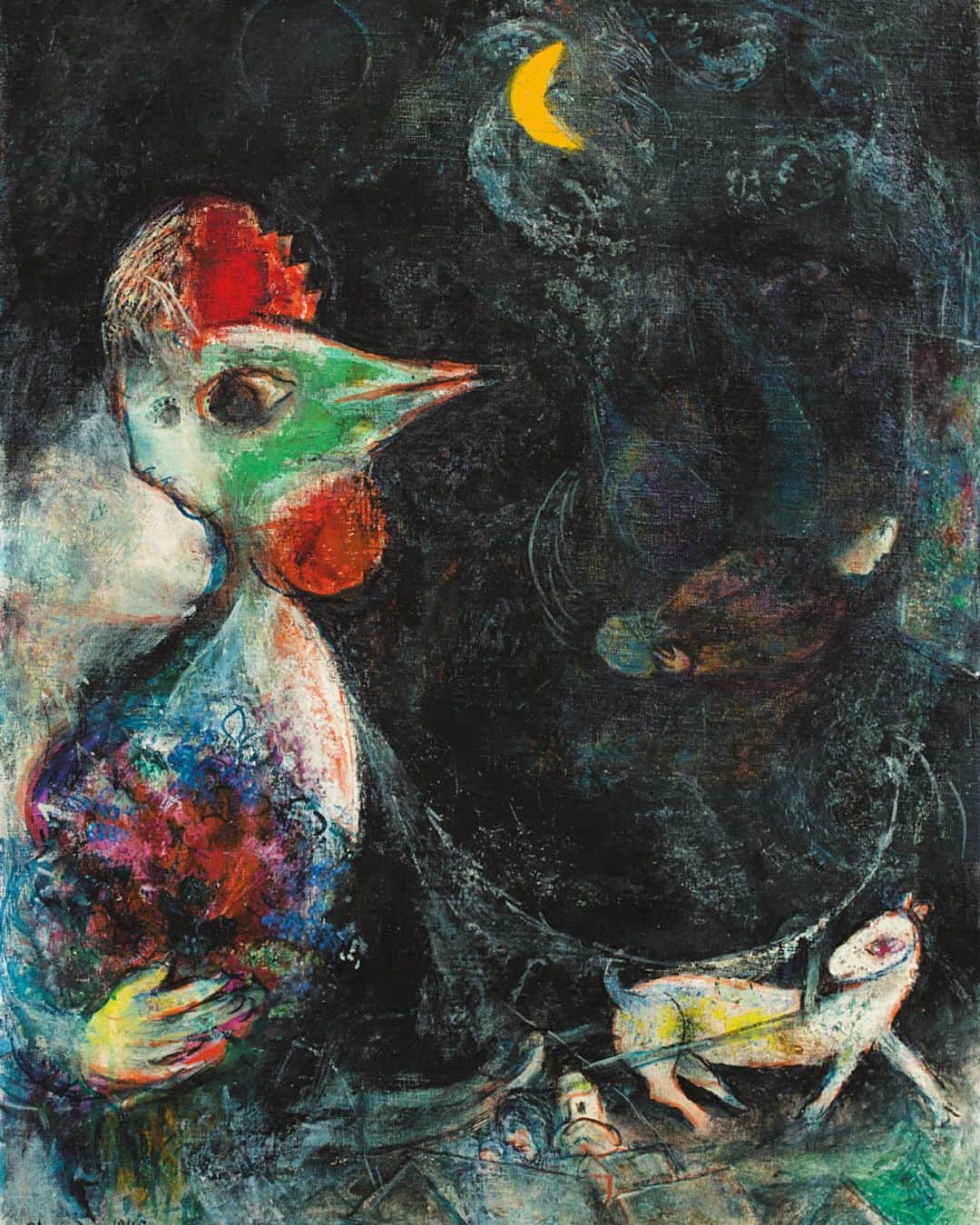 サザビーズさんのインスタグラム写真 - (サザビーズInstagram)「Painted in 1945, Jour et nuit is #Chagall’s poignant ode to loss and longing. In the autumn of 1944, the artist’s beloved wife Bella suddenly and tragically passed away, leaving her husband to grieve for his life-long love and #muse on foreign soil, far from their native Belarus. In this sombre moonlit-scene, an illuminated #cockerel presides over the composition, a frequent reminder of Chagall’s rural and folkloric upbringing. Intertwined with the bird is the discernible outline of Bella. Decades after her death, she would continue to be his painted bride bearing her bouquet. On the right, a disembodied figure – the artist himself – hovers before an easel and a blank canvas, an isolated counterpart to the ghostly Bella.  On view in our #London #galleries from 14 June, ahead of our #Impressionist & Modern Art Day Sale this month.  #SothebysImpMod #MarcChagall」6月6日 17時26分 - sothebys