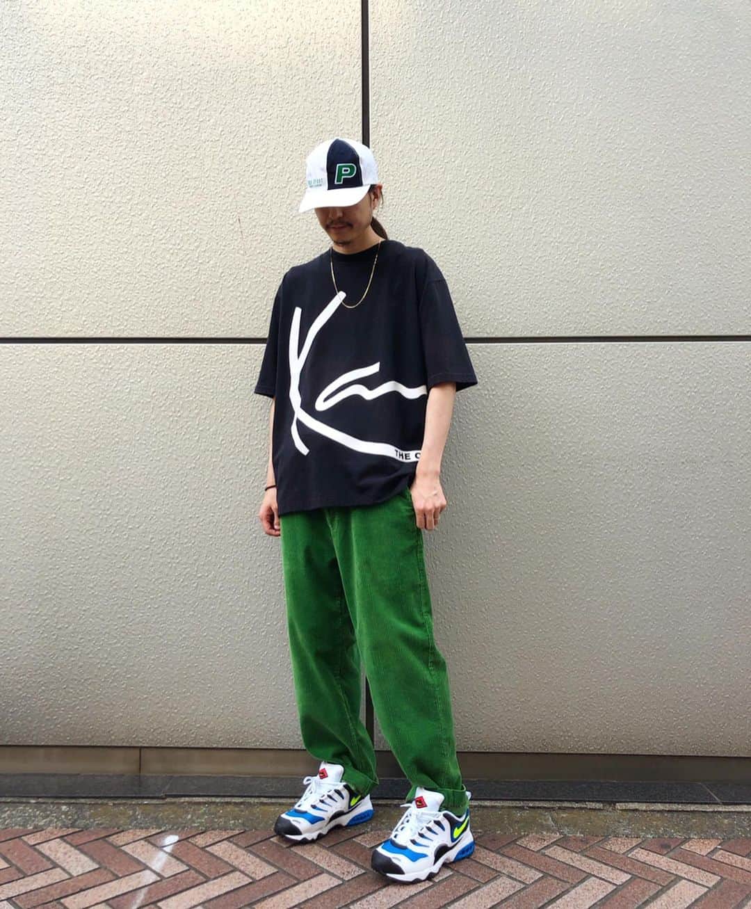 のインスタグラム：「★Men's New Arrival★  90's KARL KANI rubber print tee  size XL ・ ・ 90's Polo Ralph Lauren green corduroy pants  size W32×30 ・ ・ 90's Polo Ralph Lauren "POLO SPORT" Multi-color cotton 6 pannel cap ・ ・ NIKE air terra humara '18 （white/volt-photo blue-black）size US9.5 ・ ・ 14k Cuban link chain necklace（0.2×61cm） ・ ・ #birthdeath #vintage #tokyo #fashion #vintagepolo #polosport」