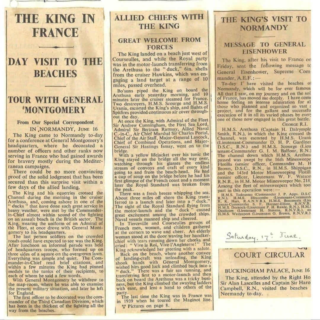 ロイヤル・ファミリーさんのインスタグラム写真 - (ロイヤル・ファミリーInstagram)「Today will see D-Day commemorations, attended by members of the Royal Family, continue  75 years to the day that troops landed on the beaches in Normandy.  We have uncovered materials from the archives relating to D-Day. 📷 3, taken in early June 1944, shows British Assault landing craft in mass formation move past a large vessel, saluting King George VI. The monarch was visiting the British Invasion fleet to wish godspeed to personnel taking part in the Normandy Landings.  The King said in a speech on D-Day: “Once again what is demanded from us all is something more than courage and endurance; we need a revival of spirit, a new unconquerable resolve.” Ten days after the D-Day landings which included over 5000 vessels and ships, nearly 11,000 planes and over 130,000 ground troops, King George VI crossed the channel to visit troops on the Normandy beachheads (📷2). The visit is captured in these newspaper clippings (📷1) from the Royal Archives.  The King later wrote to General Eisenhower speaking of his visit to the Normandy Beaches, saying: “I have visited the Beaches of Normandy, which will be forever famous. All that I saw, on my journey and on the soil of France, has moved me deeply... I come home feeling an intense admiration for all those who planned and organised so vast a project, and for the gallant and successful execution of it in all its varied phases by every one of those now engaged in this great battle.” Read The King’s draft message (📷4)  #dday75 #dday75thanniversary」6月6日 21時30分 - theroyalfamily