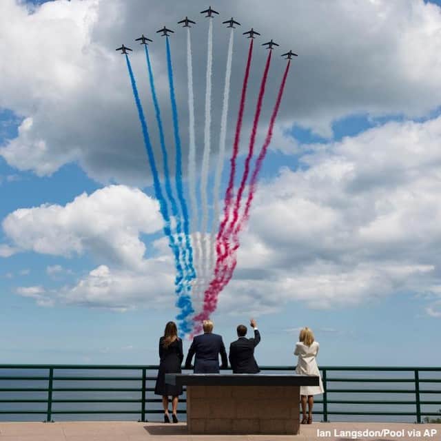 ABC Newsさんのインスタグラム写真 - (ABC NewsInstagram)「Pres. Trump, first lady Melania Trump, French Pres. Emmanuel Macron and his wife Brigitte Macron watch jets soar through the sky in Normandy, France, over commemoration of the 75th anniversary of the D-Day invasion. #politics #donaldtrump #politics #dday #worldwartwo」6月6日 23時31分 - abcnews