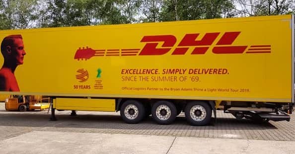 ブライアン・アダムスのインスタグラム：「The brand new tour trucks won’t be hard to spot this summer in Europe! This one is leaving Germany now to pick up the gear on Saturday. See you soon in Munich! Take a look at the tree planting overview / a tree for every ticket sold! https://www.50years.dhl/sustainability/#bryanadamsshinealight」
