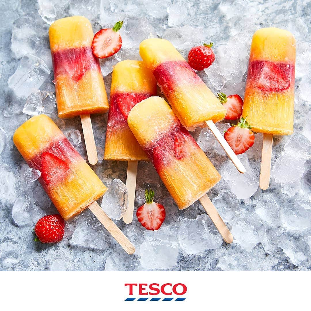 Tesco Food Officialさんのインスタグラム写真 - (Tesco Food OfficialInstagram)「Love a lolly? Mix and match your favourite juices to make these refreshing treats, or try something else with our chilled juices which are all squeezed straight from the fruit.  Ingredients 400ml 100% pure orange juice smooth 8 small strawberries, sliced into 8 pieces 160ml 100% pressed forest fruits juice  Method Line up 8 ice lolly moulds. Pour 2 tbsp orange juice into each. Put in the freezer for 1 hr. Divide the strawberries evenly between each mould. To get the fruit to show in the finished lollies, make sure you press the berries into the side of the moulds. Cover each one with 1 tbsp forest fruit juice. Leave to freeze for 30 mins, then push a lolly stick into each. Return to the freezer for 1 hr. Remove from the freezer and add 2 tbsp orange juice to each mould for the final layer. Return to the freezer for at least 2 hrs to make sure the lollies are fully set. Briefly dip the lolly mould in warm water to release the ice. Eat straight away.」6月7日 19時03分 - tescofood