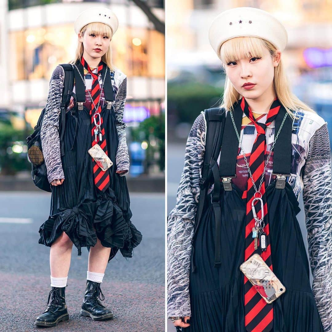 Harajuku Japanさんのインスタグラム写真 - (Harajuku JapanInstagram)「Japanese aspiring fashion designer Fuuka (@fuk_yamyam) on the street in Harajuku wearing a Bodysong hat with a Kotoha Yokozawa long sleeve top, oversized necktie, vintage pleated and knotted skirt, suspenders, and Docs. Her fashion brand is @a.m.ni_official.」6月7日 16時17分 - tokyofashion