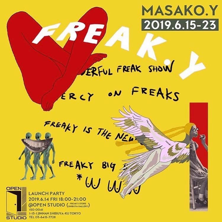 FREAK'S STORE渋谷さんのインスタグラム写真 - (FREAK'S STORE渋谷Instagram)「【INFORMATION﻿】 ユーモラスでアイコニックな作風を描く若手女性アーティストMASAKO.Yが提案する夏に涼める奇妙なエキシビジョン「FREAK.Y」をOPEN STUDIOにて開催。﻿ ﻿ ﻿ FREAK'S STOREのFREAK＝奇妙／奇人／驚かす﻿ から目に見えないモノを表現﻿ ﻿ 目に見えない奇妙なモノにも様々な捉え方があり﻿ 日本の妖怪﻿ エイリアン（怪奇現象）﻿ 迷信﻿ 奇妙な動物﻿ ﻿ などをMASAKO.Yらしくコラージュの奇妙な雰囲気を﻿ 可愛くおしゃれに表現したエキシビジョン﻿ ﻿ 会場では自身の作品はもちろん、今回のために描き下ろしたコラージュアートをプリントしたTシャツを展示・販売致致します。﻿ ﻿ ---------﻿ LAUNCH PARTY﻿ 2019年6月14日（金）18:00〜21:00﻿ 今回の開催にあたり、ささやかながらローンチパーティーを開催致します。﻿ 当日は彼女も参加し会場を盛り上げます。﻿ ---------﻿ ﻿ ---------﻿ FREAK.Y BY MASAKO.Y EXHIBITION﻿ 2019年6月15日（土）〜23日（日）﻿ ＠OPEN STUDIO（FREAK'S STORE渋谷併設ギャラリー）﻿ 〒150-0041東京都渋谷区神南1-13-1﻿ TEL 03-6145-7728﻿ HOURS 12:00〜20:00（土日祝〜20:30）﻿ ---------﻿ ﻿ #masakoy #freaksstore #openstudio_gallery #gallery #exhibition #installation」6月7日 21時04分 - freaksstore_shibuya