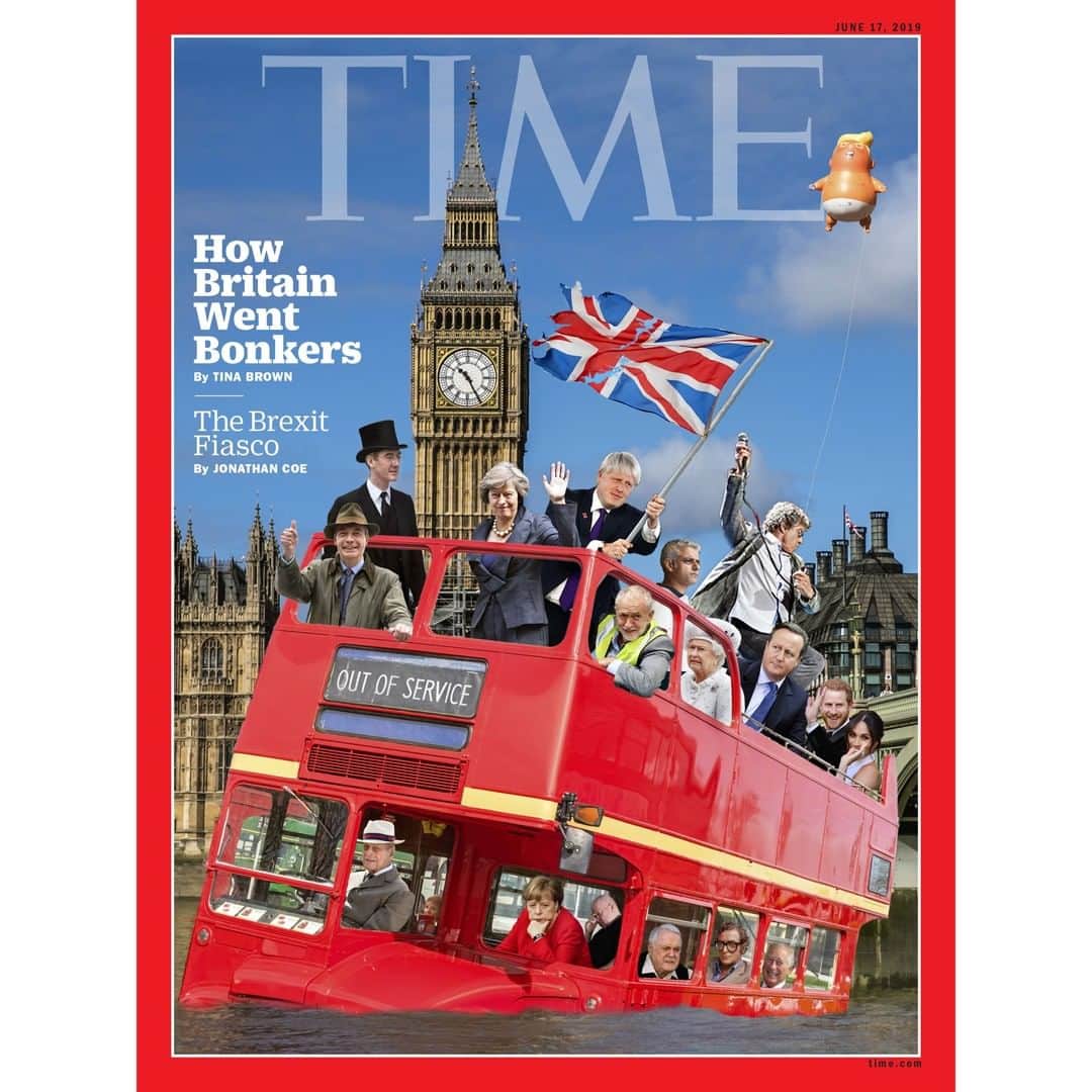 TIME Magazineさんのインスタグラム写真 - (TIME MagazineInstagram)「For the cover of our June 17 international issue, on what author Tina Brown calls “the nervous breakdown in Britain,” we reached out to British collage artist Christopher Spencer, aka “Cold War Steve.” Spencer’s satirical artwork, published mainly on Twitter, has become synonymous with the frenzied zeitgeist of Brexit-era #Britain. His surreal collages, where world leaders rub shoulders with minor British celebrities, have appeared in newspapers and magazines in the United Kingdom and have been exhibited in galleries in #London. This is one of the first times his highly U.K.-specific work has found a global audience. The accompanying essays—by former Vanity Fair editor Brown and British novelist Jonathan Coe—explore how the #Brexit vote of June 2016 has impacted Britain in the three years since. “The saddest impact of Brexit I feel," says Spencer, "is the way it has literally ripped the country in half.” Read Brown's essay at the link in bio. Photo-illustration by @coldwarsteve for TIME」6月7日 23時35分 - time