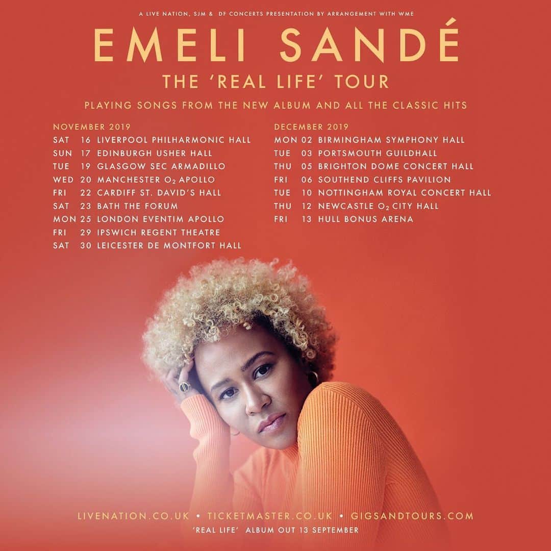 Emeli Sandéのインスタグラム：「So thrilled to announce I'm bringing #RealLife on a UK tour!! I can't wait to see you and sing these new songs together as well as some of the old favourites too!  Get access to pre-sale tickets by pre-ordering ‘Real Life’ before 4PM on Tuesday 11th June - link in bio」