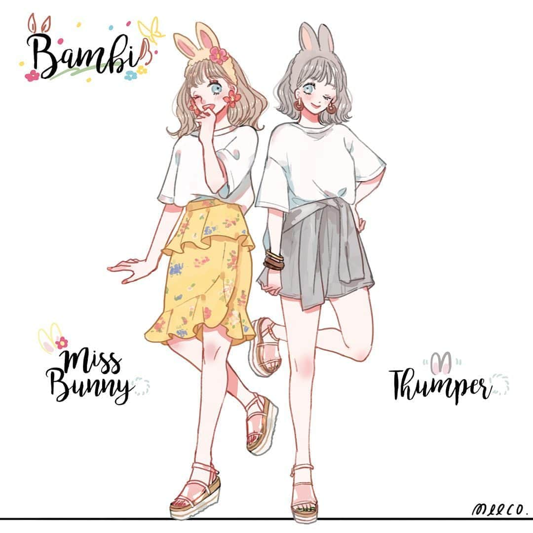 みーこさんのインスタグラム写真 - (みーこInstagram)「とんすけ&ミスバニーイメージの夏コーデ🐰🐰💕 ﻿ #イラスト #イラストグラム #イラストレーター #イラストエッセイ #ファッション #ファッションコーデ #ファッションイラスト #ディズニーコーデ #バンビ #とんすけ #ミスバニー #夏コーデ #meeco_ディズニーイメージコーデ」6月8日 1時06分 - meecosme