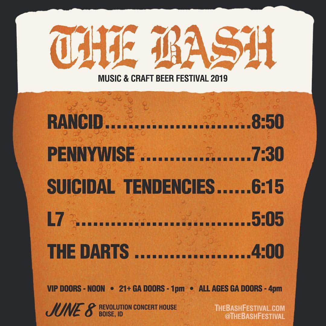Rancidさんのインスタグラム写真 - (RancidInstagram)「Boise, exclusive merch items available at @thebashfestival tomorrow! ➡️ swipe for set times  Art by @ernieparada」6月8日 2時05分 - rancid