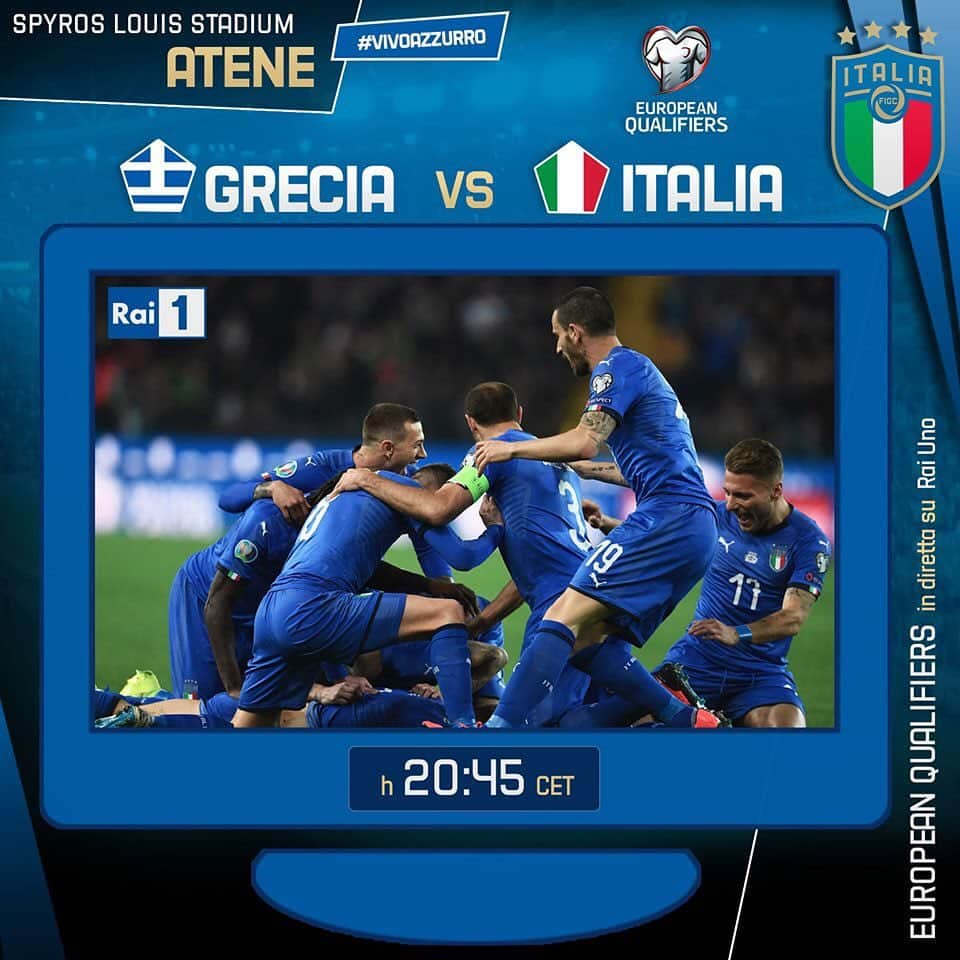 サッカーイタリア代表さんのインスタグラム写真 - (サッカーイタリア代表Instagram)「#EuropeanQualifiers 🇪🇺 #Euro2020 🇬🇷 #GreciaItalia 🇮🇹 🏟️ #SpyrosLouīs Stadium - 🏛 #Atene 📺 #RaiUno ⏱️ 2️⃣0️⃣:4️⃣5️⃣ #Nazionale #Azzurri #VivoAzzurro」6月8日 14時08分 - azzurri