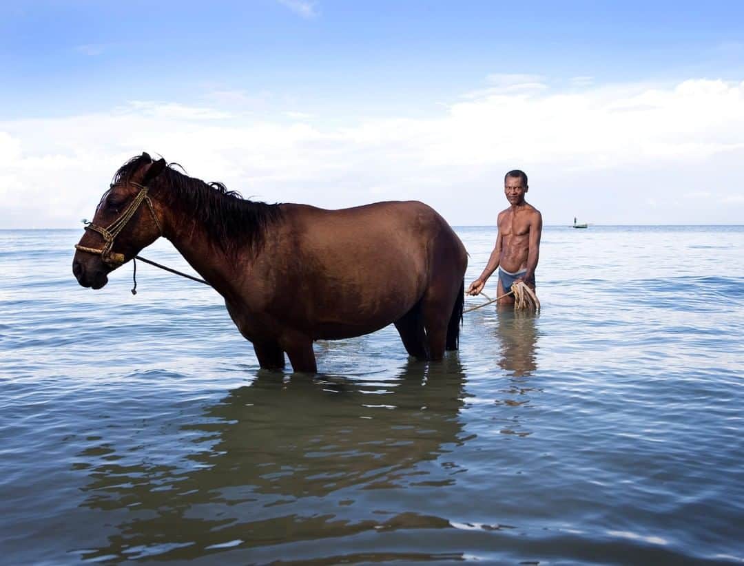 National Geographic Travelさんのインスタグラム写真 - (National Geographic TravelInstagram)「Photo by @gabrielegalimbertiphoto | A man takes his horse to cool off in the sea water in Jacmel, Haiti.  #haiti #jacmel #horse #water #sea」6月8日 7時11分 - natgeotravel