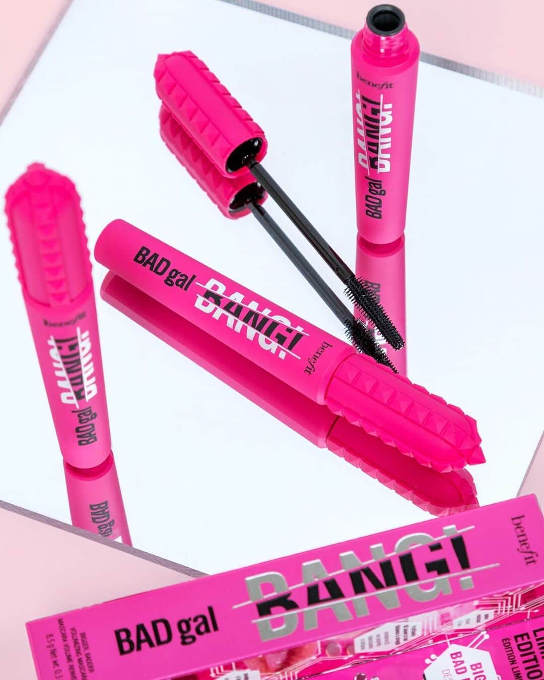 のインスタグラム：「BANG, but make it pink! 💗 Meet our new limited-edition #BADgalBANG mascara — same black #BADgalBANG shade, but now in stunning pink packaging! Available at @ultabeauty & benefitcosmetics.com for $25!」