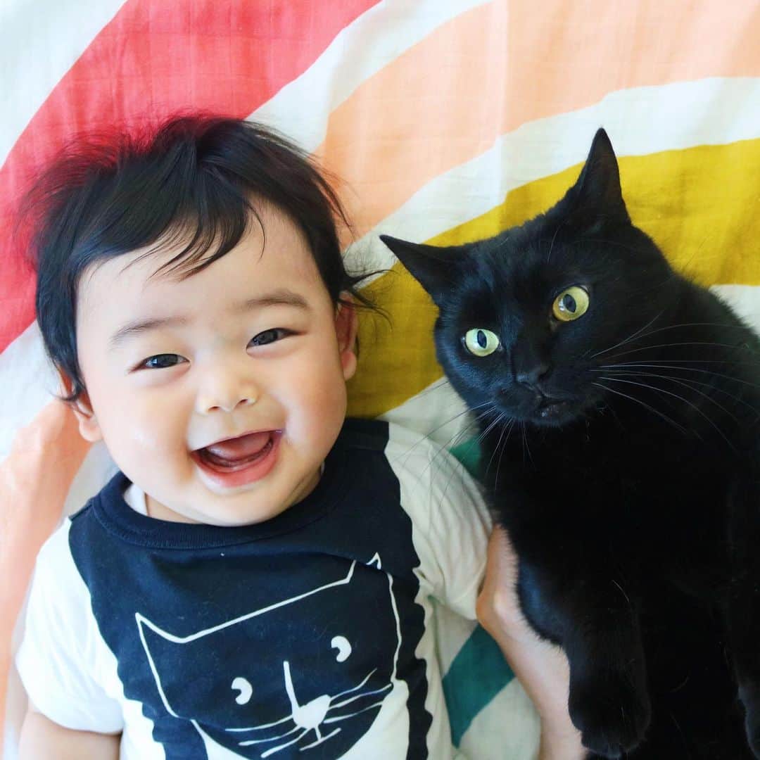 ギネス & ピムスのインスタグラム：「08/06/2019 Happy #Caturday ! ・ Nagi says, Look at my t-shirt! Two matching black cats! Have a nice weekend! ・ ・ お兄ちゃんみたいな 黒猫Tシャツ着てご機嫌な凪くん。 妊娠中、1番はじめに欲しくて買った服が これでした。笑 夏くらいに着れたらいいなと サイズを予想して買った思い出の服。 知らぬ間にぴったり👀 1週間前に撮った写真だけど、 この後もう一本歯が生えてきて、 今は2本に！ ワンオペ終了したら離乳食再開せねば。老け込む。 それでは皆さま素敵な週末を♬ ・ ・ #ギネスくん #ギネピムと凪くん  #生後6ヶ月 #6monthsold #babyboy #男の子ベビー #赤ちゃんのいる生活 #赤ちゃんのいる暮らし #赤ちゃんと猫」