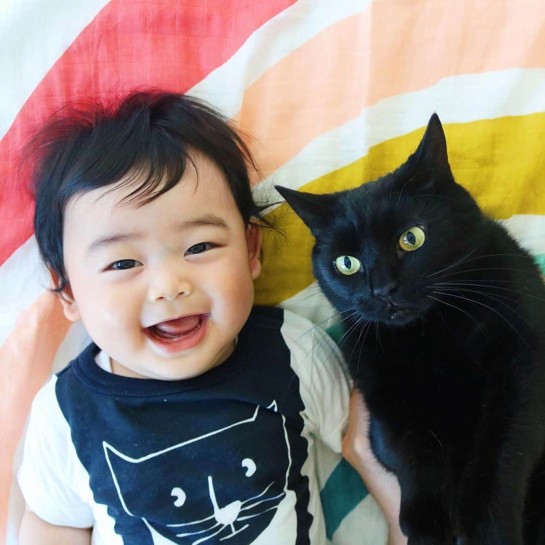 ギネス & ピムスさんのインスタグラム写真 - (ギネス & ピムスInstagram)「08/06/2019 Happy #Caturday ! ・ Nagi says, Look at my t-shirt! Two matching black cats! Have a nice weekend! ・ ・ お兄ちゃんみたいな 黒猫Tシャツ着てご機嫌な凪くん。 妊娠中、1番はじめに欲しくて買った服が これでした。笑 夏くらいに着れたらいいなと サイズを予想して買った思い出の服。 知らぬ間にぴったり👀 1週間前に撮った写真だけど、 この後もう一本歯が生えてきて、 今は2本に！ ワンオペ終了したら離乳食再開せねば。老け込む。 それでは皆さま素敵な週末を♬ ・ ・ #ギネスくん #ギネピムと凪くん  #生後6ヶ月 #6monthsold #babyboy #男の子ベビー #赤ちゃんのいる生活 #赤ちゃんのいる暮らし #赤ちゃんと猫」6月8日 22時42分 - rina_takei