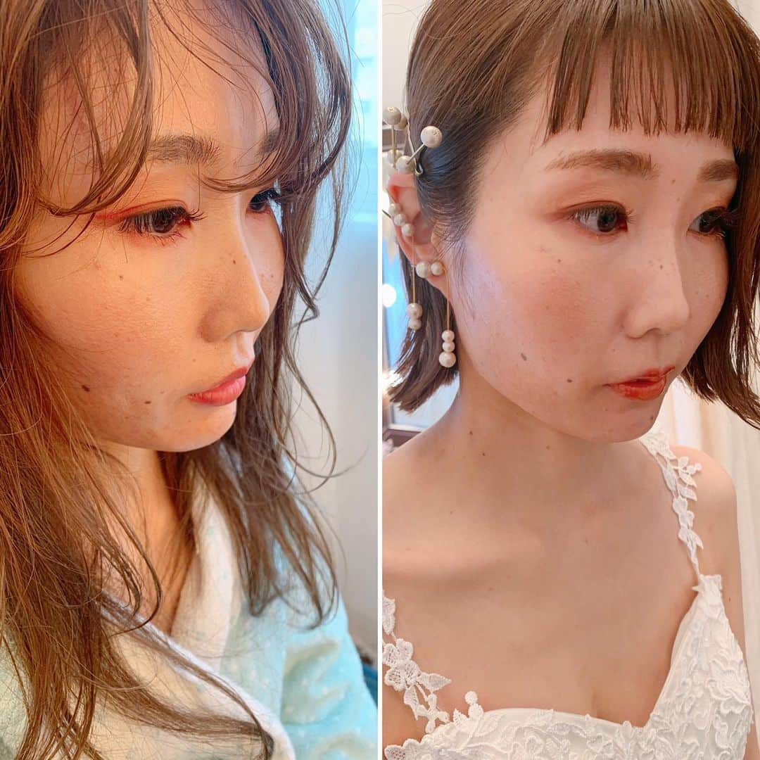 YU-U（工藤由布）さんのインスタグラム写真 - (YU-U（工藤由布）Instagram)「♡wedding make💄♡ 前髪長めのランダムカール×pink🍑 オン眉ウェッティー×orange🍊 @maika_lea0615 のまつ毛と眉毛のおかげで可愛くなった💓 お色直しでは眉もオレンジにしたよ👌🏻 まいか、遠隔コラボありがとう🙈🌈 ゆりちゃんとも遠隔コラボ🙌🏻 好きな人と好きなものに囲まれた結婚式で本当にわたし自身も幸せだった🙈💕 ・・・ #u_wedding #u_makeたち #uアレンジ #aokiyuri」6月9日 8時35分 - nyan22u22nyan