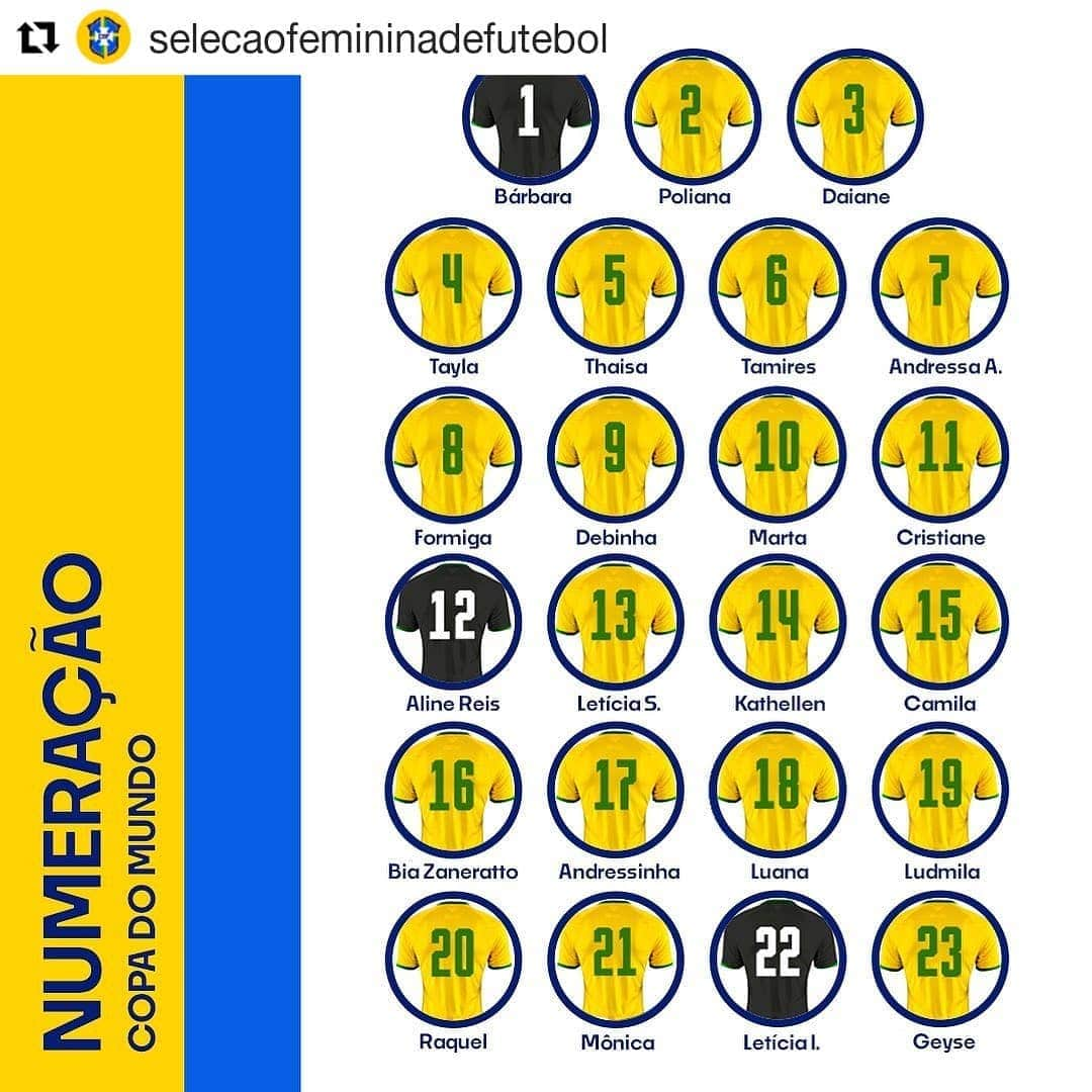 サッカー ブラジル代表チームさんのインスタグラム写真 - (サッカー ブラジル代表チームInstagram)「Siga @selecaofemininadefutebol para mais informações!  #Repost @selecaofemininadefutebol (@get_repost) ・・・ É amanhã! Confira a numeração do nosso time para a disputa da Copa do Mundo da França! 🇧🇷✨ #guerreirasdobrasil」6月9日 2時56分 - cbf_futebol