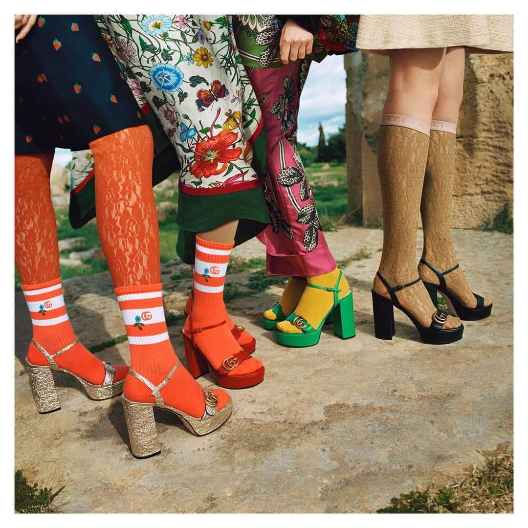 のインスタグラム：「Designed by @alessandro_michele, a lineup of new platform sandals worn with contrasting socks and lace tights. Discover more through link in bio. #AlessandroMichele」
