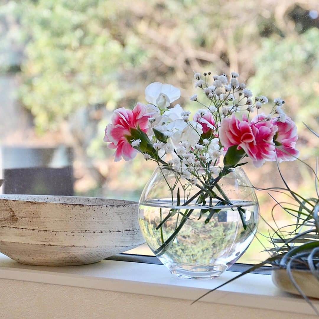 Bloomee LIFEさんのインスタグラム写真 - (Bloomee LIFEInstagram)「・⠀ 今週のお花は、⠀ ⠀ カーネーション⠀ 宿根スイトピー⠀ かすみ草⠀ ⠀ 忙しくても、ポストにお花が届くから⠀ 花のある暮らしを楽しめますね。⠀ ・⠀ Special Thanks Photo by⠀⠀ @tongarihouse⠀ ・⠀ とてもお洒落な形の花瓶に飾っていただきました✨⠀ ⠀ クリアガラスは清涼感がでるので⠀ ジメジメとした気分をスッキリとさせてくれて⠀ とてもお勧めです😌✨⠀ ⠀ 花瓶の水が多めにみえるこちらの花瓶は⠀ より涼しげな雰囲気に🌿⠀ ・⠀ --- #まいにちローズ 🌹---⠀ タイムラインにバラを咲かせて、まいにち当たるミニブーケをもらおう！⠀ ・⠀ 知っていますか？6月2日はローズの日💓⠀ ローズの日は、自然の恵みに感謝を示す、海外のバラ祭りが元になった記念日です。⠀ 日本でも、バラが美しく咲くこの季節。⠀ たくさんの人にお花の素晴らしさを伝えたい。⠀ ・⠀ バラの画像を投稿して、Instagramのタイムラインに咲かせることで、⠀ お花の魅力を一緒に広めてみませんか？⠀ ・⠀ 詳しくは下記 or プロフィールトップのハイライトをチェック👌⠀ ↓↓↓⠀ ■プレゼント：#まいにちローズ で投稿した人の中から抽選で【まいにち1人にバラのミニブーケ】が当たる✨⠀ ■参加方法：⠀ ①@bloomeelife をフォロー⠀ ②欲しい色のバラ画像を用意(キャンペーン公式ページで誰でも使えるオフィシャル画像を配布中)⠀ ③#まいにちローズ #bloomeelife を付けて投稿⠀ ・⠀ 当選者の方にはbloomee LIFE 公式アカウントよりDMにてご連絡させていただきます💌⠀ ・⠀ #bloomeelife#ブルーミーライフ#花のある生活#花好きな人と繋がりたい#おうち時間#花部#花写真#花が好き#花を飾る#暮らしを楽しむ#日々の暮らし#丁寧な暮らし#日々#お花のある暮らし#ナチュラル#素敵な休日#暮らしを整える#くらしのきほん#日々の暮らしを楽しむ#丁寧に暮らす#ローズ#ローズガーデン#バラ#ナチュラルインテリア#梅雨#シンプルな暮らし#リビング#マイルーム#シンプルホーム」6月9日 11時00分 - bloomee